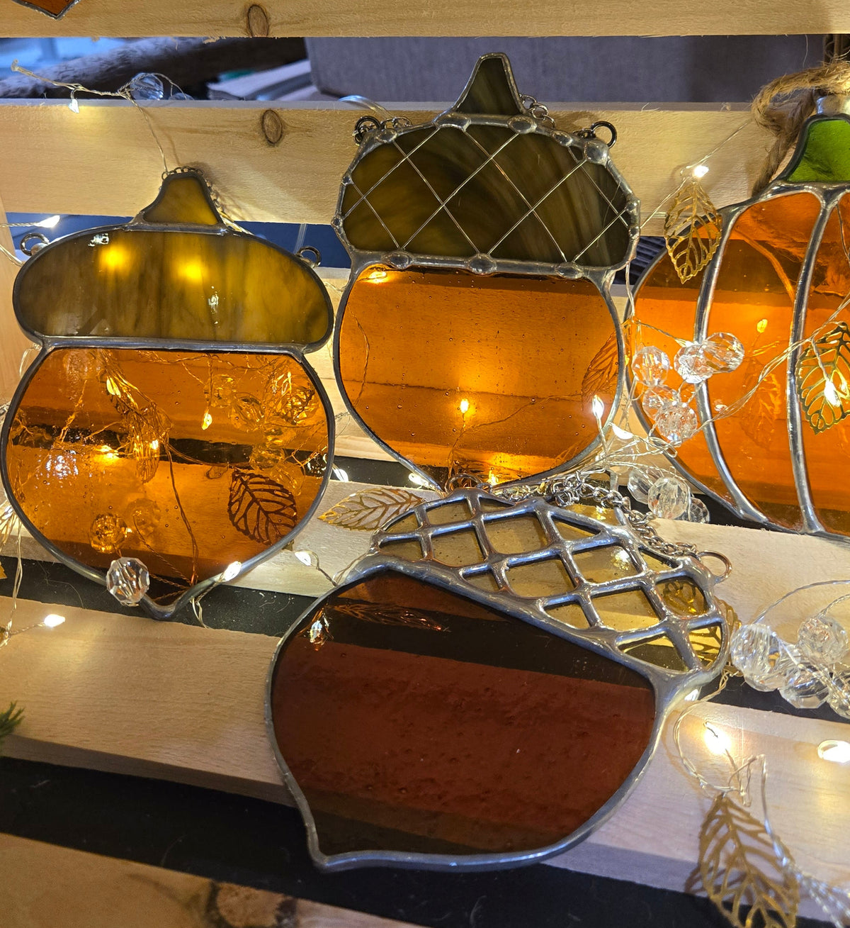 Oak Woven | Stained Glass Acorn Window Hanger