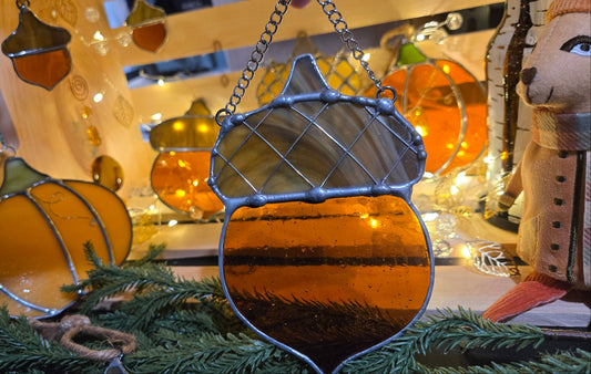 Oak Woven | Stained Glass Acorn Window Hanger