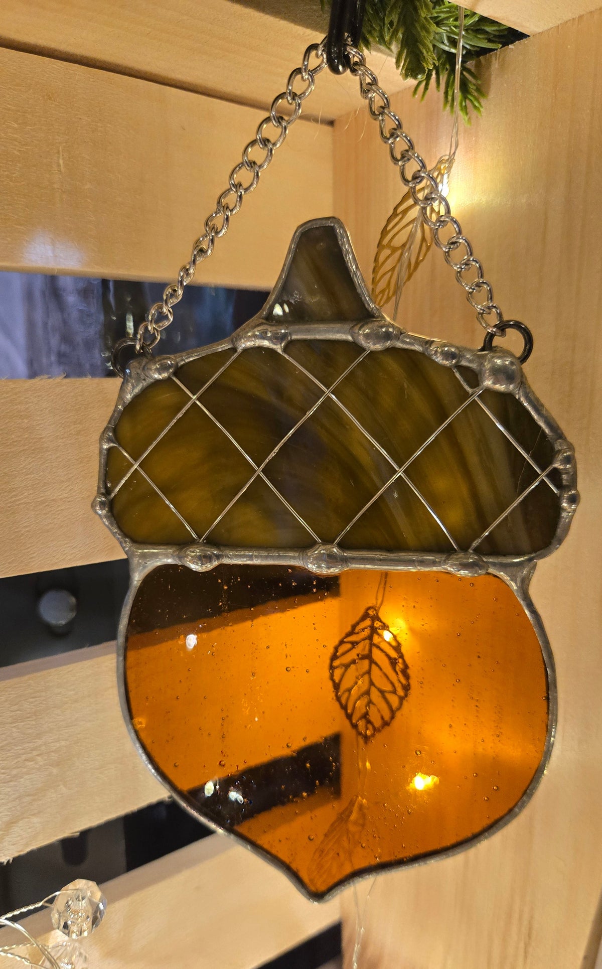 Oak Woven | Stained Glass Acorn Window Hanger